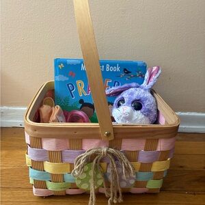 Colorful Woven Easter Basket with Toys and Book